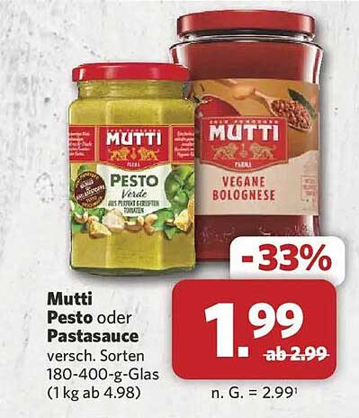 Mutti Pesto oder Pastasauce versch. Sorten 180-400-g-Glas (1 kg ab 4.98)