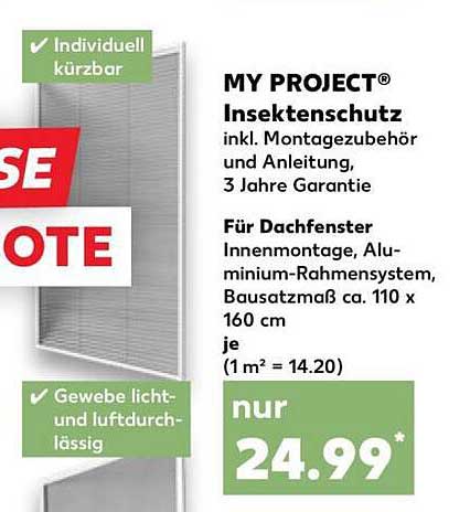 MY PROJECT® Insektenschutz inkl. Montagezubehör und Anleitung, 3 Jahre Garantie Für Dachfenster Innenmontage, Aluminium-Rahmensystem, Bausatzmaß ca. 110 x 160 cm je (1 m² = 14.20)
