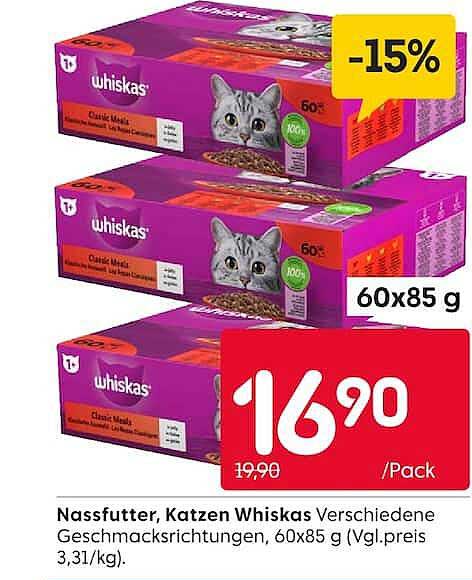 Nassfutter, Katzen Whiskas Verschiedene Geschmackrichtungen, 60x85 g (Vgl.preis 3,31 /kg).
