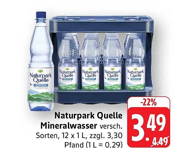 Naturpark Quelle Mineralwasser versch. Sorten, 12 x 1 L, zzgl. 3,30 Pfand (1 L = 0,29)