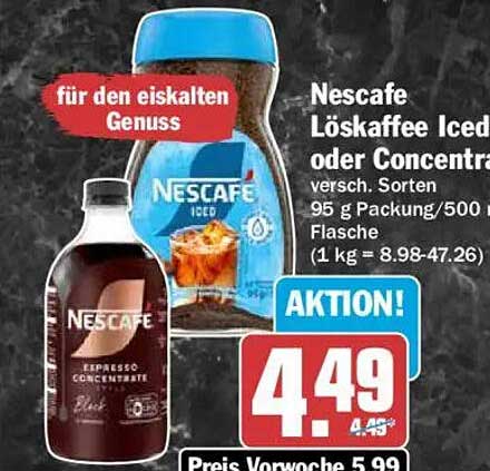 Nescafe Löffkaffee Iced oder Concentr. versch. Sorten 95 g Packung/500 ml Flasche (1 kg = 8.98-47.26)