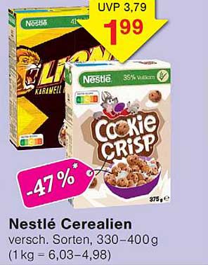Nestlé Cerealien versch. Sorten, 330–400g (1 kg = 6,03–4,98)