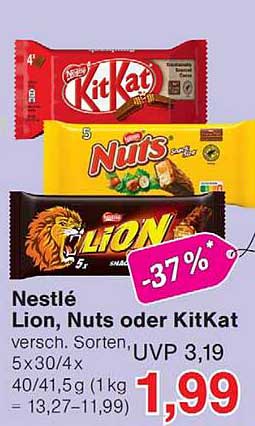Nestlé Lion, Nuts oder KitKat versch. Sorten 5 x 30/4 x 40/41,5 g (1 kg = 13,27–11,99)