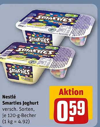 Nestlé Smarties Joghurt versch. Sorten, je 120-g-Becher (1 kg = 4.92)
