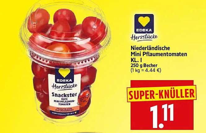 Niederländische Mini Pflaumentomaten KL. I 250 g Becher (1 kg = 4.44 €)