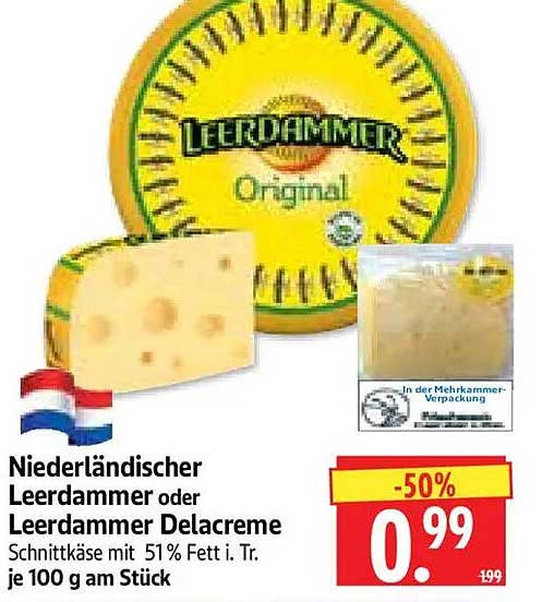Niederländischer Leerdammer oder Leerdammer Delacreme Schnittkäse mit 51% Fett i. Tr. je 100 g am Stück