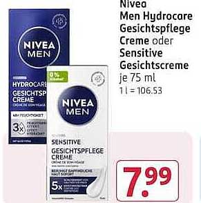 Nivea Men Hydrocare Gesichtspflege Creme oder Sensitive Gesichtscreme je 75 ml