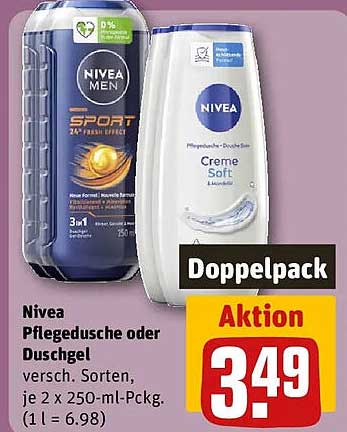 Nivea Pflegedusche oder Duschgel versch. Sorten, je 2 x 250-ml-Pckg. (1 l = 6.98)
