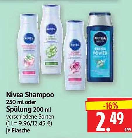 Nivea Shampoo 250 ml oder Spülung 200 ml verschiedene Sorten (1 l = 9.96/12.45 €) je Flasche