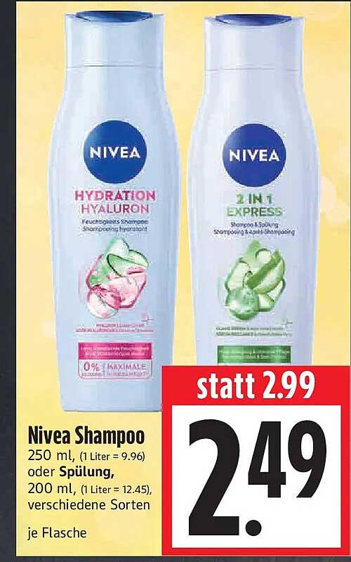 Nivea Shampoo 250 ml, oder Spülung, 200 ml, verschiedene Sorten, je Flasche