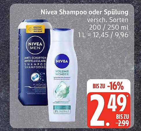 Nivea Shampoo oder Spülung versch. Sorten 200 / 250 ml 1 l = 12,45 / 9,96