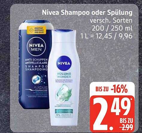 Nivea Shampoo oder Spülung versch. Sorten 200 / 250 ml 1 l = 12,45 / 9,96