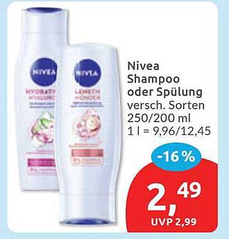 Nivea Shampoo oder Spülung versch. Sorten 250/200 ml 1 l = 9,96/12,45