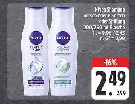 Nivea Shampoo verschiedene Sorten oder Spülung 200/250 ml Flasche 1 l = 9,96-12,45 n. G. = 2,99