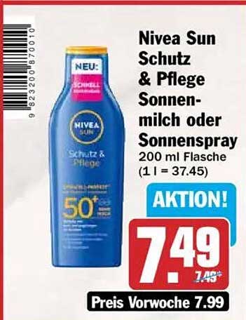 Nivea Sun Schutz & Pflege Sonnenmilch oder Sonnenspray 200 ml Flasche (1 l = 37.45)