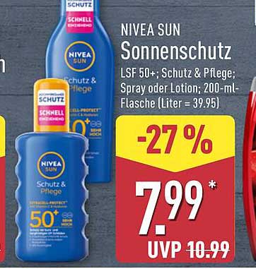NIVEA SUN Sonnenschutz LSF 50+; Schutz & Pflege; Spray oder Lotion; 200-ml-Flasche (Liter = 39,95)