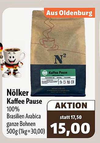 Nölker Kaffee Pause 100% Brasilien Arabica ganze Bohnen 500g (1kg=30,00)