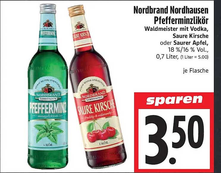 Nordbrand Nordhausen Pfefferminzlikör Waldmeister mit Vodka, Saure Kirsche oder Saurer Apfel, 18 %/16 % Vol., 0,7 Liter, (1 Liter = 5.00)