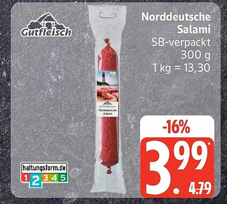 Norddeutsche Salami SB-verpackt 300 g 1 kg = 13,30