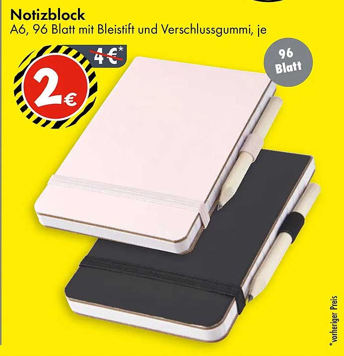 Notizblock A6, 96 Blatt mit Bleistift und Verschlussgummi, je