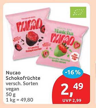 Nucao Schokofrüchte versch. Sorten vegan 50 g 1 kg = 49,80