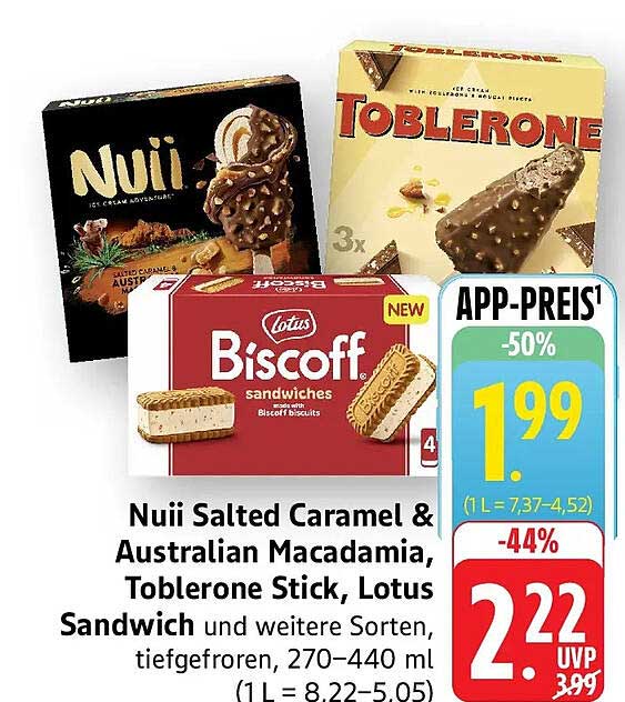 Nuii Salted Caramel & Australian Macadamia, Toblerone Stick, Lotus Sandwich und weitere Sorten, tiefgefroren, 270–440 ml