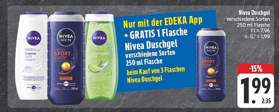 Nur mit der EDEKA App + GRATIS 1 Flasche Nivea Duschgel verschiedene Sorten 250 ml Flasche beim Kauf von 3 Flaschen Nivea Duschgel
