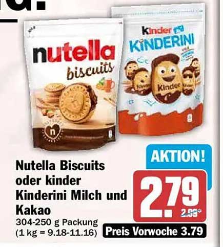 Nutella Biscuits oder kinder Kinderini Milch und Kakao 304-250 g Packung