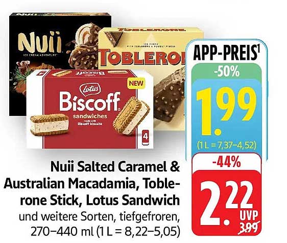 Nuüi Salted Caramel & Australian Macadamia, Toblerone Stick, Lotus Sandwich und weitere Sorten, tiefgefroren, 270–440 ml (1 L = 8,22–5,05)