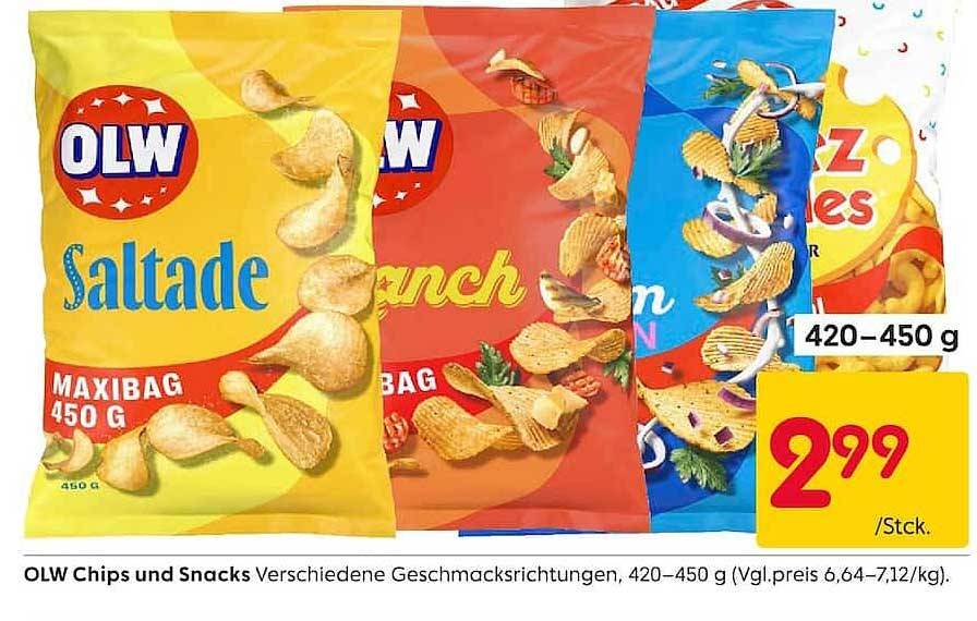 OLW Chips und Snacks Verschiedene Geschmacksrichtungen, 420–450 g (Vgl.preis 6,64–7,12/kg)