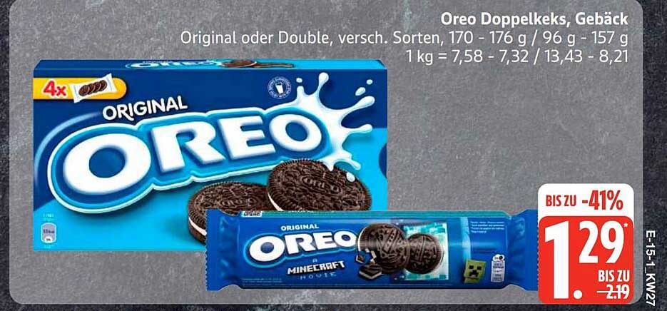 Oreo Doppelkeks, Gebäck Original oder Double, versch. Sorten, 170 – 176 g / 96 g - 157 g 1 kg = 7,58 - 7,32 / 13,43 - 8,21