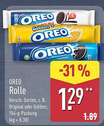 OREO Rolle Versch. Sorten, z. B. Original oder Golden; 154-g-Packung (kg = 8.38)