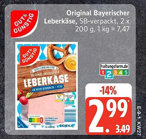 Original Bayerischer Leberkäse, SB-verpackt, 2 x 200 g, 1 kg = 7,47