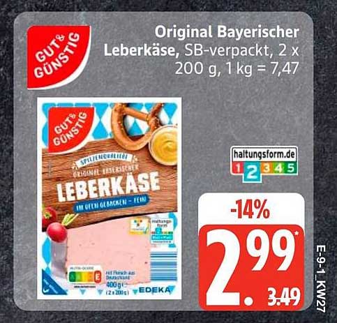 Original Bayerischer Leberkäse, SB-verpackt, 2 x 200 g, 1 kg = 7,47