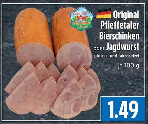 Original Pfiffetaler Bierschinken oder Jagdwurst gluten- und laktosefrei je 100 g