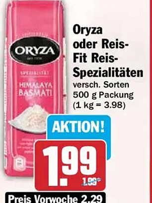 Oryza oder Reis-Fit Reis-Spezialitäten versch. Sorten 500 g Packung (1 kg = 3.98)