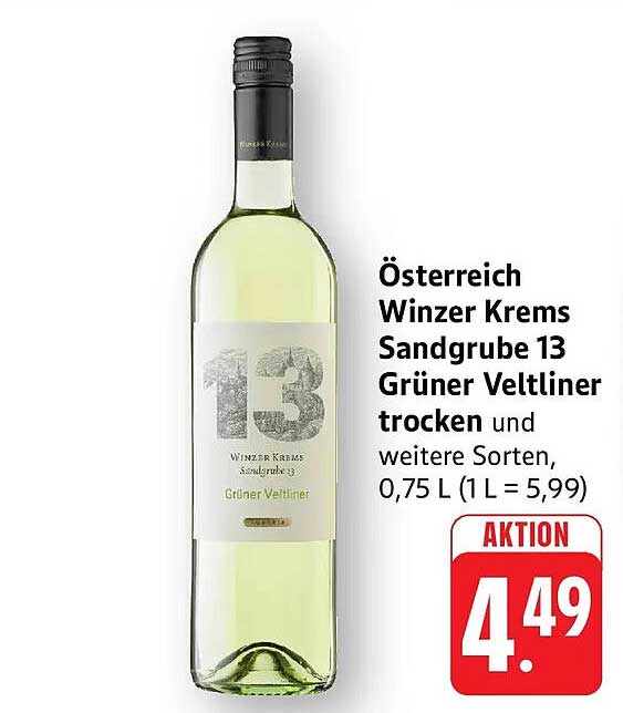 Österreich Winzer Krems Sandgrube 13 Grüner Veltliner trocken und weitere Sorten, 0,75 L (1 L = 5,99)