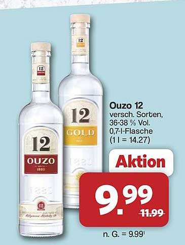 Ouzo 12 versch. Sorten, 36-38 % Vol., 0,7-l-Flasche (1 l = 14.27) Aktion