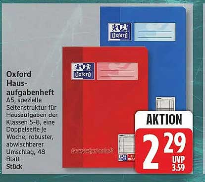 Oxford Haus-aufgabenheft A5, spezielle Seitenstruktur für Hausaufgaben der Klassen 5-8, eine Doppelseite je Woche, robuster, abwischbarer Umschlag, 48 Blatt Stück