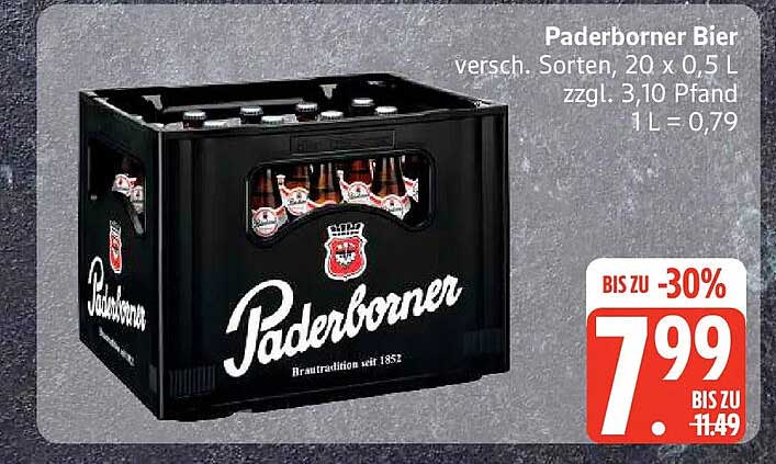 Paderborner Bier versch. Sorten, 20 x 0,5 L zzgl. 3,10 Pfand 1 L = 0,79