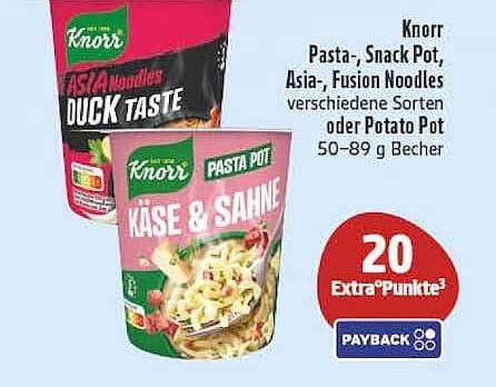 Pasta-, Snack Pot, Asia-, Fusion Noodles verschiedene Sorten oder Potato Pot 50–89 g Becher