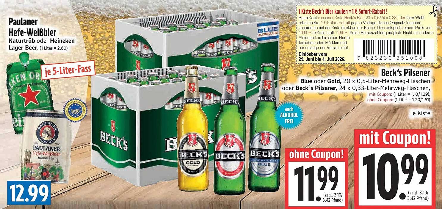 Paulaner Hefe-Weißbier Naturtrüb oder Heineken Lager Beer, (1 Liter = 2.60) je 5-Liter-Fass