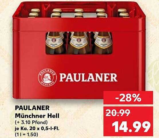 PAULANER Münchner Hell (+ 3.10 Pfand) je Ka. 20 x 0,5-l-Fl. (1 l = 1.50)