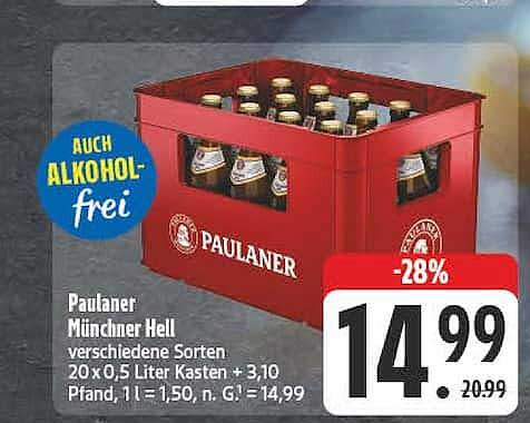 Paulaner Münchner Hell verschiedene Sorten 20 x 0,5 l Kasten + 3,10 Pfand, 1 l = 1,50, n. G. = 14,99