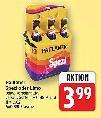 Paulaner Spezi oder Limo pur oder koffeinhaltig, versch. Sorten, + 0,48 Pfand 1 l = 2,02 6x0,33 l Flasche
