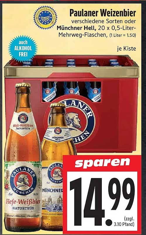 Paulaner Weizenbier verschiedene Sorten oder Münchner Hell, 20 x 0,5-Liter-Mehrweg-Flaschen, (1 Liter = 1.50)