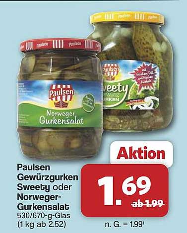 Paulsen Gewürzgurken Sweety oder Norweger-Gurkensalat 530/670-g-Glas