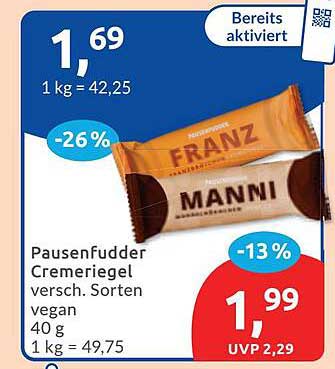 Pausenfudder Cremeriegel versch. Sorten vegan 40 g