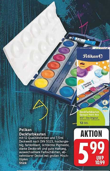 Pelikan Deckfarbkasten mit 12 Qualitätsfarben und 7,5ml Deckweiß nach DIN 5023, hochgiebig, farbbrillant, lichtechte Pigmente, starke Deckkraft und gute Haftung, auswechselbare Farbschälchen, abnehmbarer Deckel mit großen Misch-töpfen