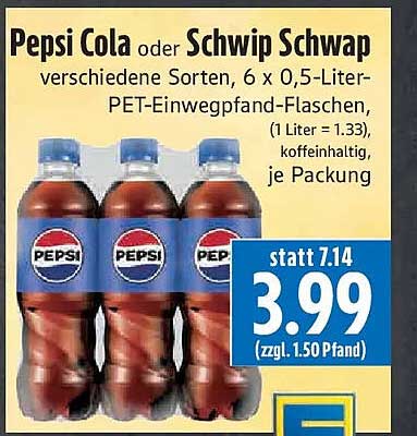 Pepsi Cola oder Schwip Schwap verschiedene Sorten, 6 x 0,5-Liter-PET-Einwegpfand-Flaschen, (1 Liter = 1,33), koffeinhaltig, je Packung